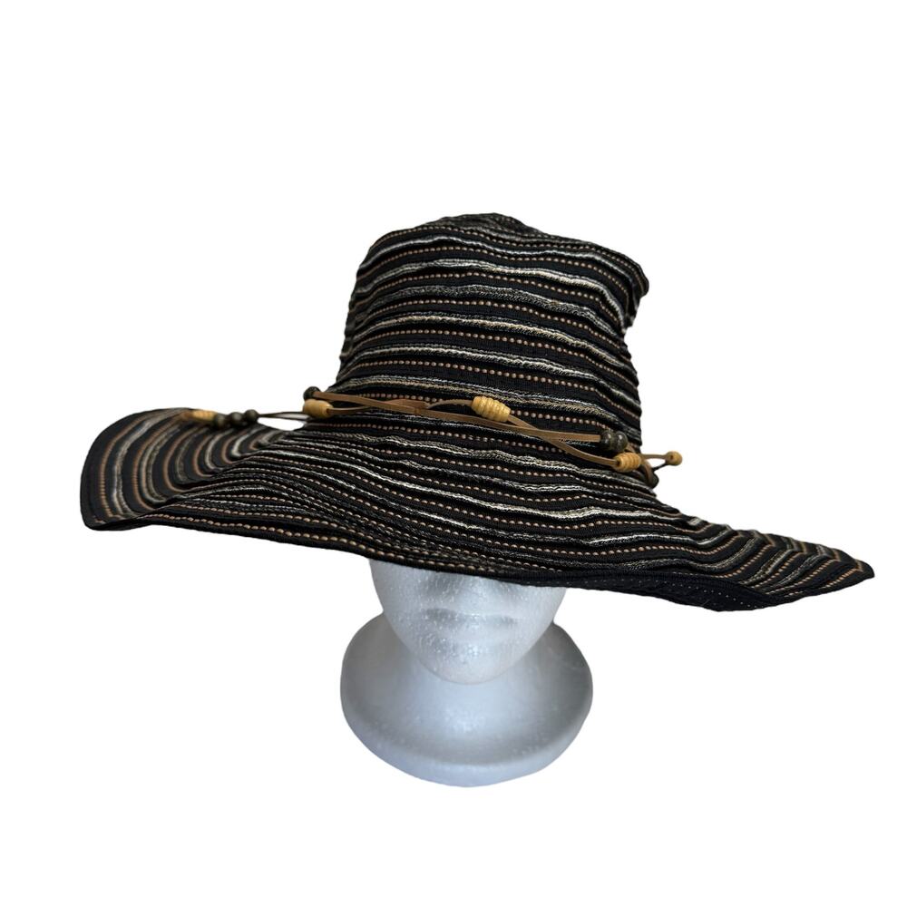 JACOBSON HAT Black Braided Beaded Sun Hat One Size Adult Tan White Wide Brim